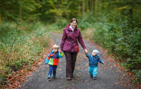 young mother and two little children the autumn orest. Active family time on nature. Fun with little kids in fall days. Mum and toddler sons boys walking in forest.